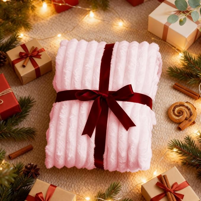 Nookly Pink Twin Size Fleece Blanket, Soft Lightweight Ribbed Plush Bed Blanket, Cozy All-Season Striped Fleece Twin Throw for Bedroom and Home, 60x80 Inches