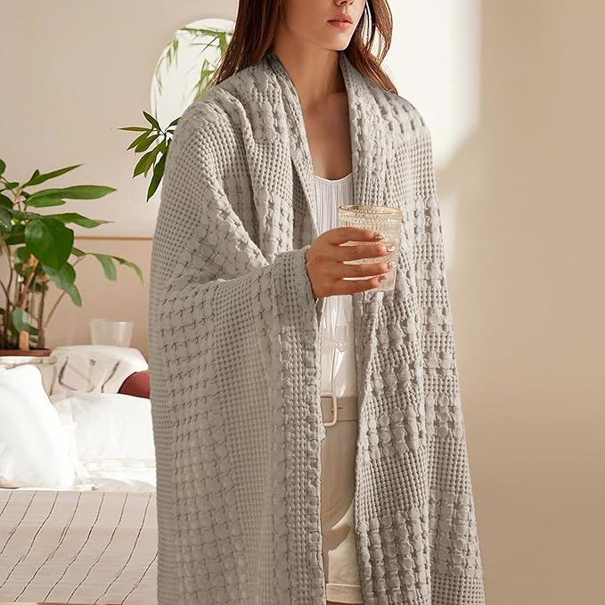 PHF 100% Cotton Waffle Weave Throw Blanket, Soft Lightweight Breathable Cozy Throws for Couch Bed Sofa, Luxury Aesthetic Blanket Gift for Home Decor & Office, 50"x60", Pearl Gray