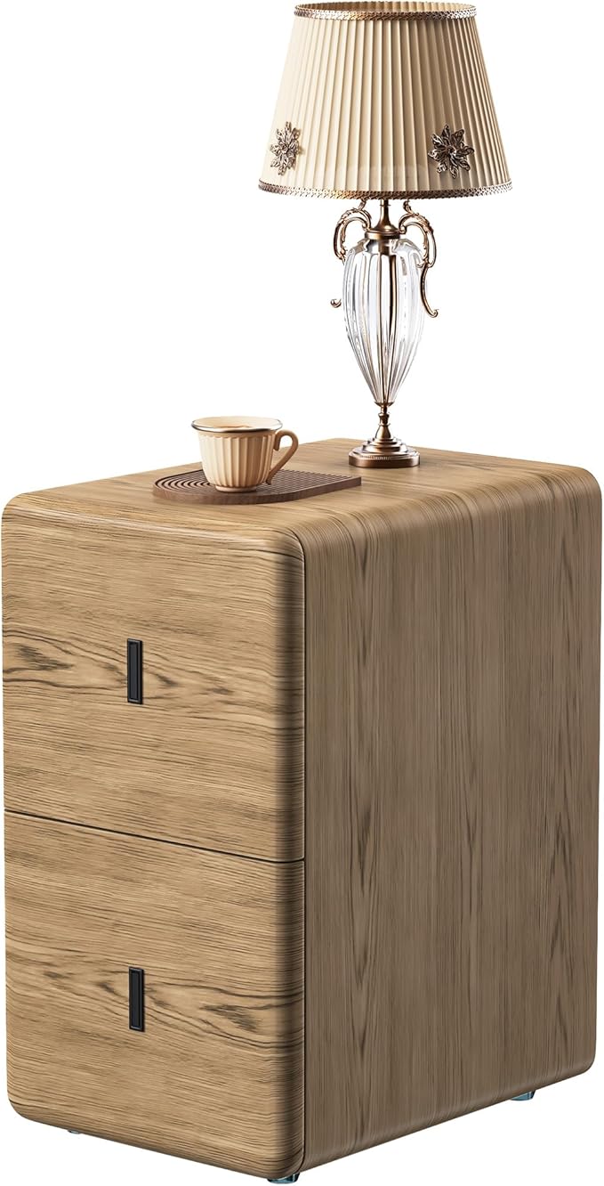 VICITON Narrow Nightstand with Drawers, Faux Leather Bedside Table, Solid Wood Drawer, Small Side Table for Bedroom (Leather Yellow Oak, 11.8" x 15.7" x 19.7")