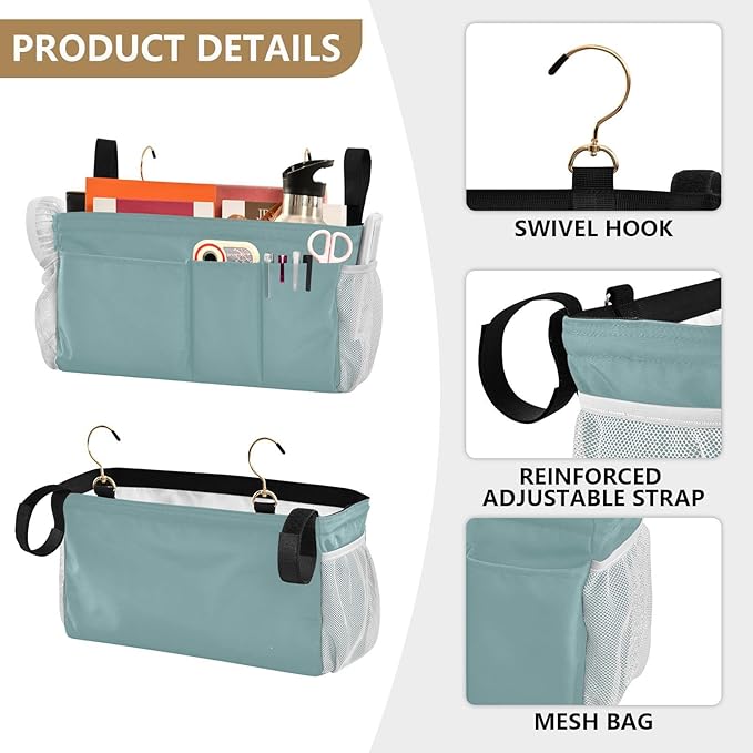 DOMIKING Teal Bedside Caddy for Dorm Bed Recliner Armrest Organizer with Hooks Haning Holders for Tablet Phone Magazine