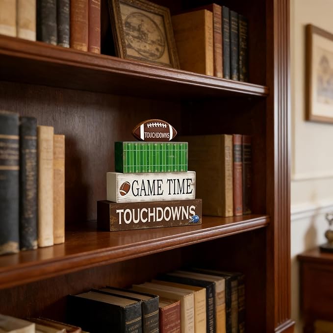 4 Pcs Football Table Decorations Football Wooden Tiered Tray Decor Decorative Sport Centerpiece Faux Book Block Sign for Desk Tabletop Floating Shelf Mantel Fireplace Home Decor