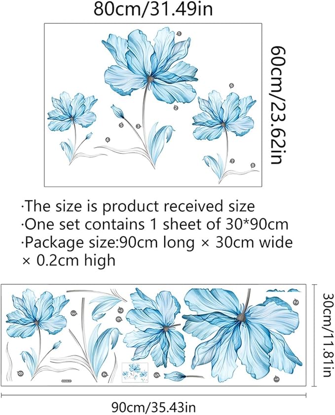 TUOKING Blue Flowers Wall Stickers Decor,6 Sheet Removable Wall Murals Peel and Stick Modern Wall Art Decal Home Decor for Kitchen,Bedroom,Living Room(MS6266)