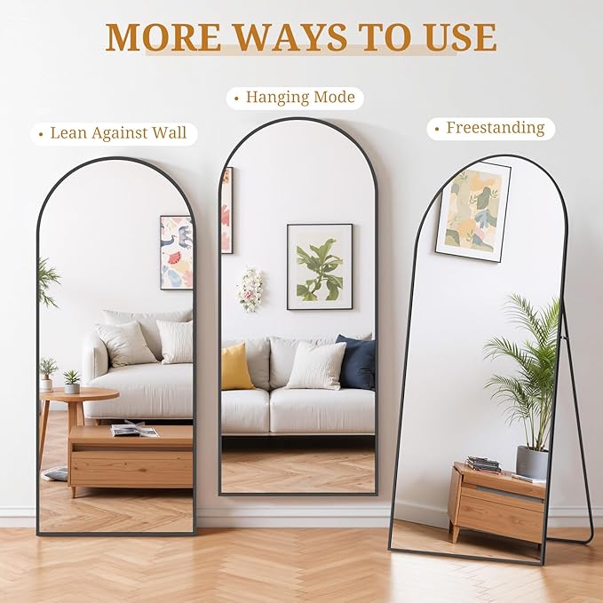 Full Length Mirror 68"x26" Full Body Mirror Arched Free Standing Wall Mounted Leaning Floor Mirrors with Stand Aluminum Alloy Frame for Bedroom Cloakroom, Black