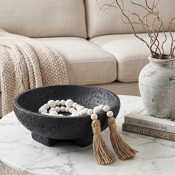 FESTGLOX Black Decorative Bowls, Large Pedestal Fruit Bowl for Kitchen Counter, Resin Key Bowl for Entryway Table, 9 Inch Modern Candy Bowl for Coffee Table Centerpiece