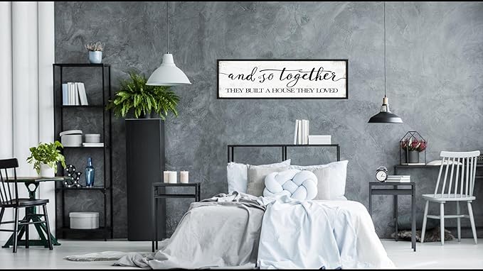Farmhouse Wall Decor For Living Room: And So Together They Built A House They Loved Sign, House Warming Gifts New Home, Master Guest Bedroom Decor for Couples, Decorative Wall Art Plaques 40x12