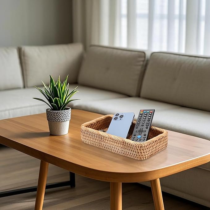 BTSKY Small Remote Basket for Coffee Table Entryway Living Room Rattan Serving Tray 10.1” x 6.1” Handwoven Wicker Baskets Decorative Tray for Wallet Remote Control Trinkets Rings Cosmetics Crackers