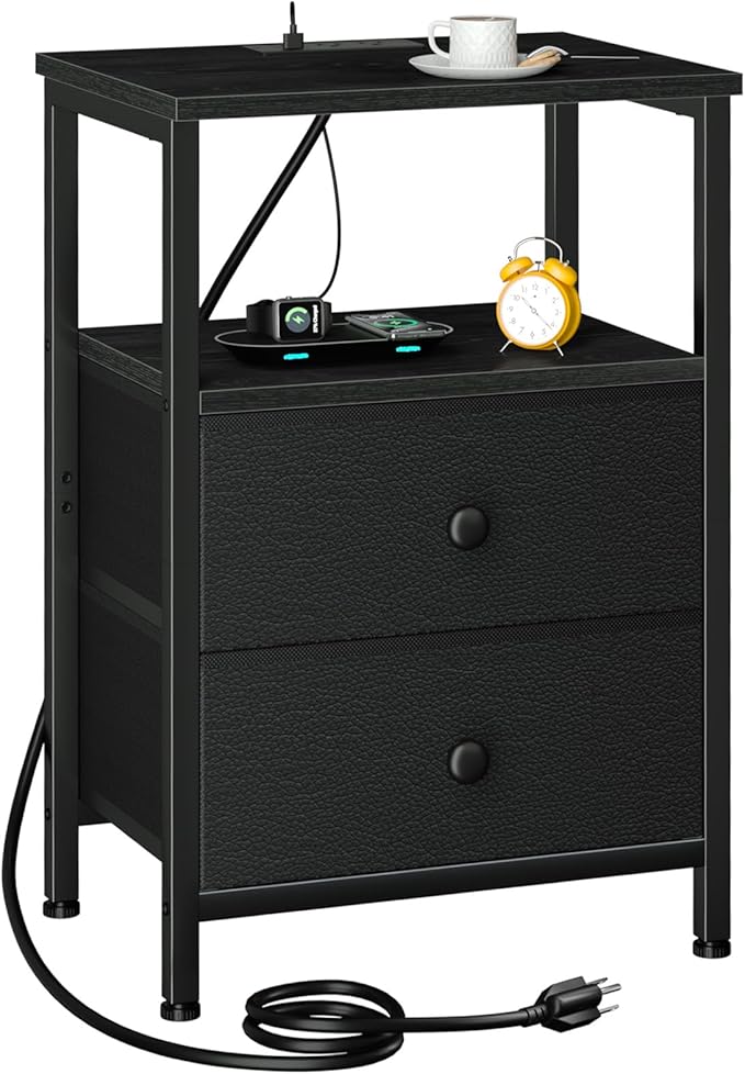 Night Stand with Charging Station, Small Bedside Table with 2 Fabric Drawers, Nightstand with USB Ports & Outlets for Bedroom, Living Room, Black, HETS020BK-1