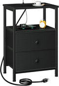Night Stand with Charging Station, Small Bedside Table with 2 Fabric Drawers, Nightstand with USB Ports & Outlets for Bedroom, Living Room, Black, HETS020BK-1
