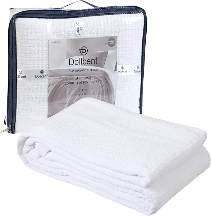 DOLLCENT 100% Cotton California King Size Blanket for Bed, Premium Combed Lightweight Blankets, Washed Breathable Cozy Throw Blanket, White Cal King Cotton Blankets for All Season: White (102"x108")