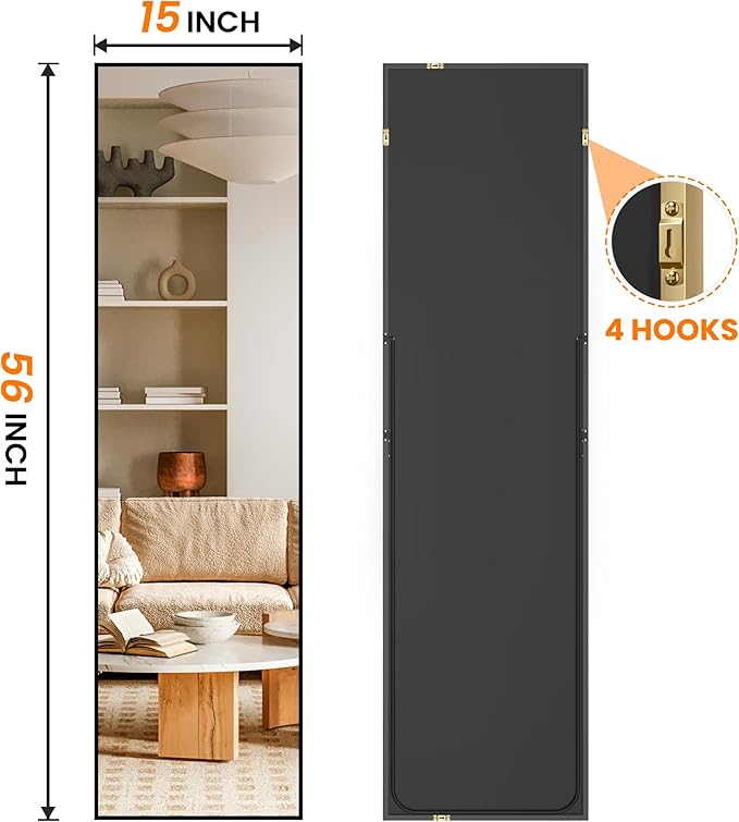Full Length Floor Mirror 56"x15", Standing Mirror with Aluminum Frame, Large Body Mirror for Bedroom, Living Room and Bathroom, Black