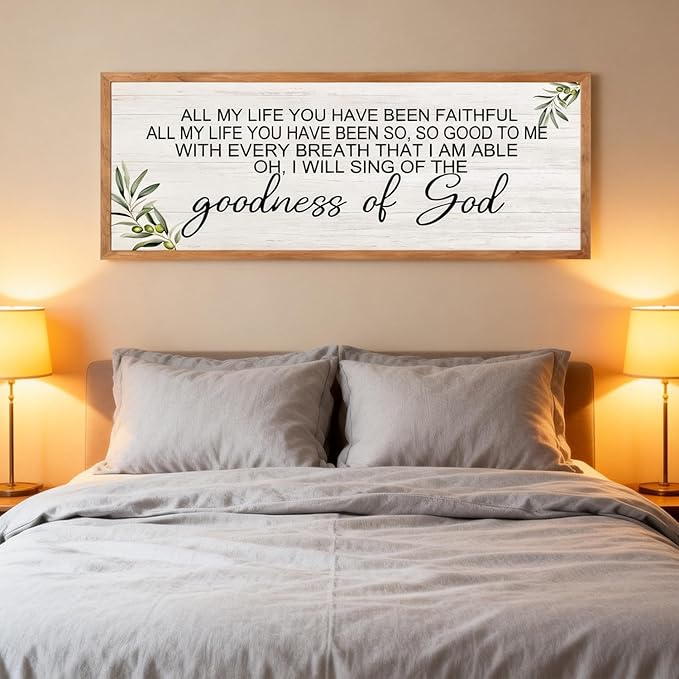 Goodness of God Christian Wall Decor: 40x15 Inch Large Framed Christian Inspirational Wall Art, Religious Scripture Quote Wooden Sign, Black Frame Christian Home Decor for Living Room Bedroom, Natural