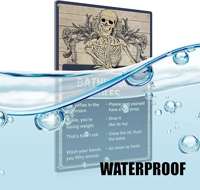 BEASTZHENG Funny Skull Bathroom Rules Metal Tin Sign Wall Decor - Vintage Bathroom Quote Tin Sign for Toilet Restroom Washroom Home Decor Gifts