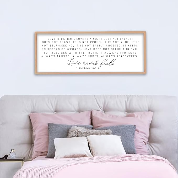 Love is Patient Kind Sign Wall Art 40"X15" 1 Corinthians 13 Bible Verse for Bedroom Above Over Bed Christianity Large Wood Framed Wall Hanging Decor (Wood）
