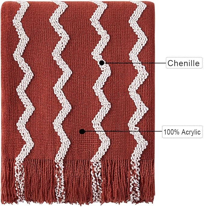 BOURINA Fluffy Chenille Knitted Fringe Throw Blanket Lightweight Soft Cozy for Bed Sofa Chair Throw Blankets, Rust 50" x 60"