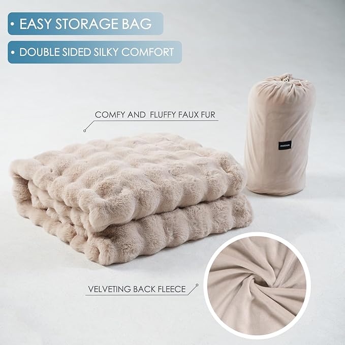 Super Comfort Oversized Warm Thick Bubble Luxury Plush Rabbit Faux Fur Throw Blanket, Fluffy Blanket,Soft Cozy Blanket for Couch Chair Bed Sofa Living Room (Wheat, 50inX60in)