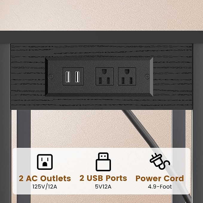 Tall End Table with Charging Station, 3 Tier Black Side Table with Storage, Small Nightstand with Outlets for Bedroom, Living Room, Office