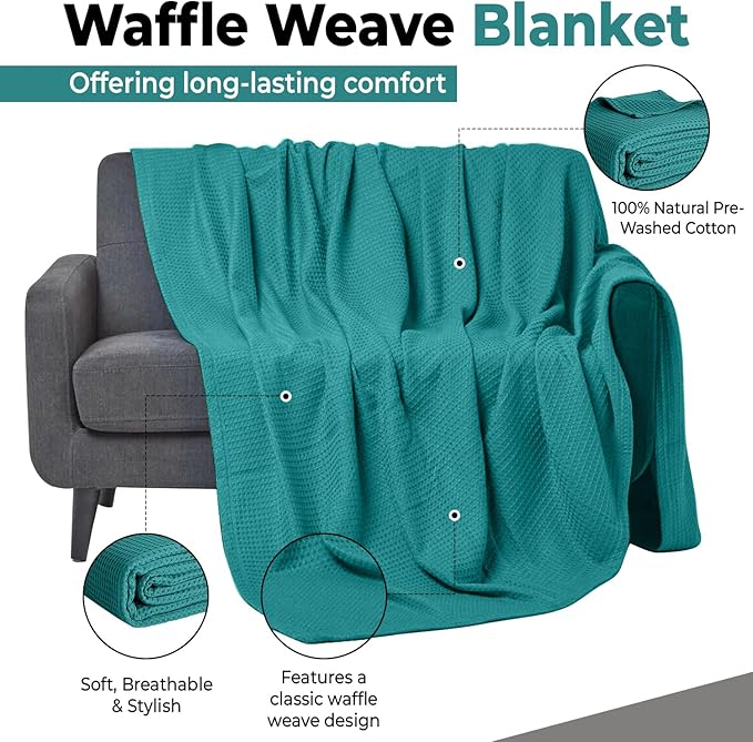 100% Cotton Blankets for Bed - Waffle Weave Blankets for Summer, Lightweight and Breathable Soft Woven Blanket for Spring (Teal, Throw (50" x 60"))