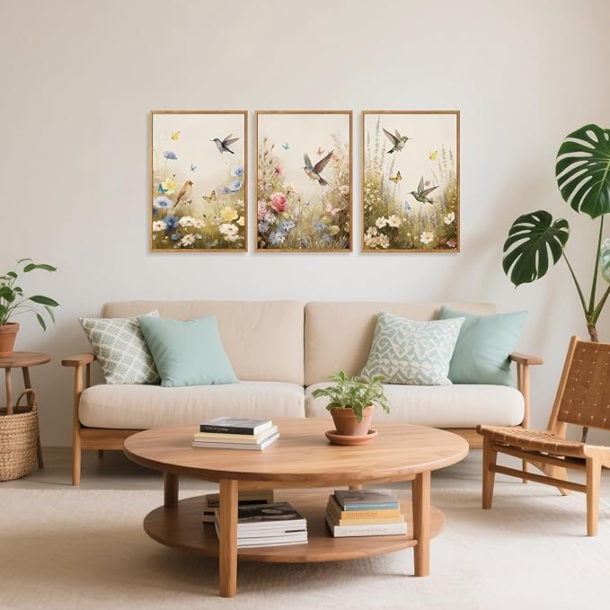 CHDITB Floral Bird Framed Canvas Wall Art Set Of 3, Vintage Garden Wall Decor, Nature Wildflower And Bird Wall Painting, Botanical Flower Art Prints For Dining Room Bedroom Decor (12X16 Inch)