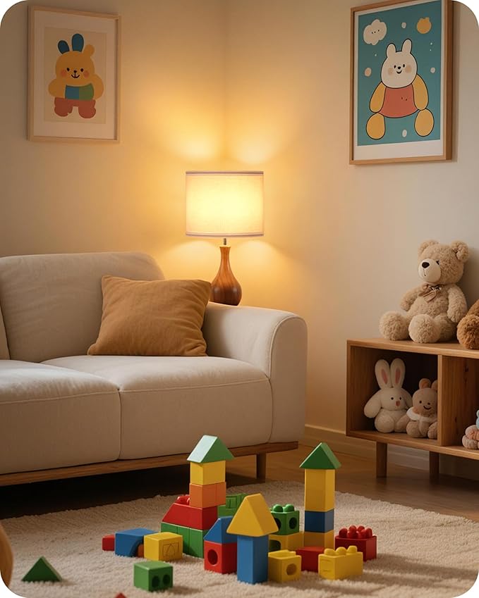 Small Table Lamp, Wood Bedside Lamp with White Linen Lampshade & Dark Wood Base, Mid Century Modern Nightstand Lamp for Bedroom, Living Room, Kid's Room, Dorm Room, E26 Socket, LW09TL05