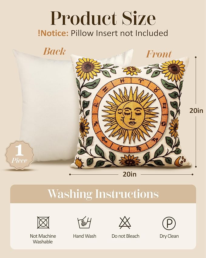 Embroidered Throw Pillow Cover 20x20 Inch - Spring Summer Boho Decorative Pillow Cover with Zipper for Living Room Couch Sofa Bed Aesthetic Design Sunflower Moon Cushion Pillowcase
