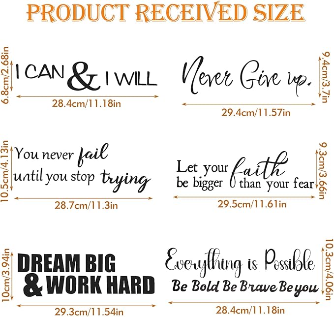 6 Sheets Decals for Walls, Inspirational Wall Stickers, Motivational Wall Decals Peel and Stick, Positive Saying Wall Art for Bedroom Office Teen Room Decor (Never Give up, Dream Big & More)