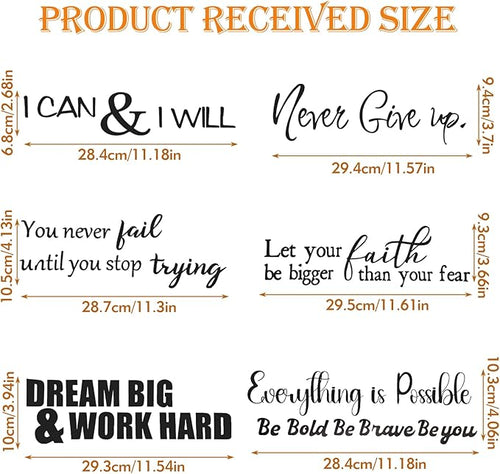 6 Sheets Decals for Walls, Inspirational Wall Stickers, Motivational Wall Decals Peel and Stick, Positive Saying Wall Art for Bedroom Office Teen Room Decor (Never Give up, Dream Big & More)