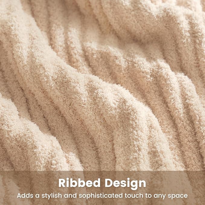 Snuggle Sac Soft Ribbed Beige Throw Blanket for Couch, Luxurious Fluffy Cozy Knit Throws for All Season, Reversible Warm Microfiber Netural Blankets for Couch, Sofa, Travel, Beige, 50x60 inches
