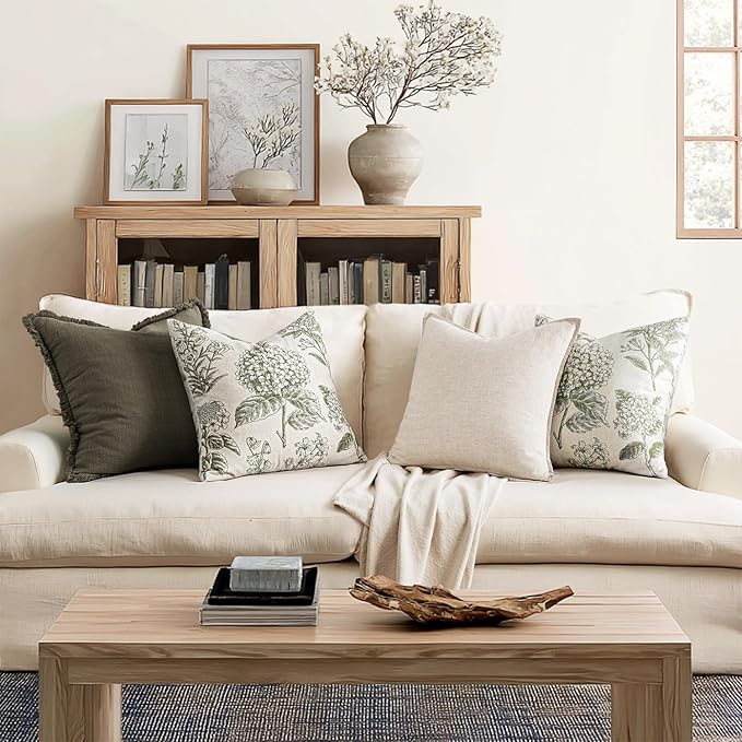 Set of 2 Decorative Floral Neutral Pillow Covers 22x22 Inch Light Green Hydrangea Print Spring Boho Vintage Throw Cushion Covers for Sofa Couch Porch Bedroom Living Room Summer Home Decor