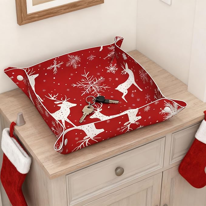 Tray Leather Valet Tray Deer Snowflakes Catchall Trays Key Organizer Night Stand Organizer Bedside Vanity Trays Decor for Entryway Table