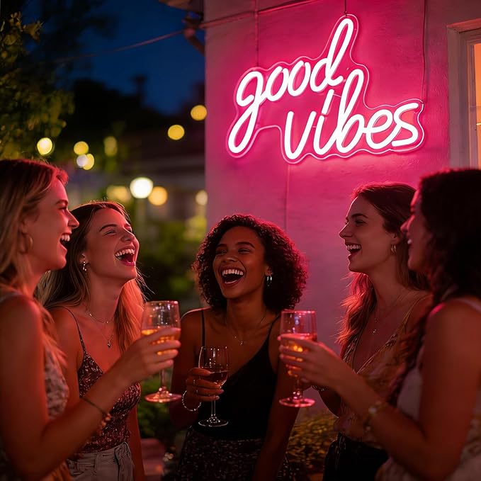 Good Vibes Neon Sign for Wall Decor, Good Vibes Neon Lights Goodvibes LED Light Sign for Bedroom Decor, Game Room, Birthday Party, Wedding, Bar, Home, Girl Cave, Pink, (15.91 x 9.69 inch)