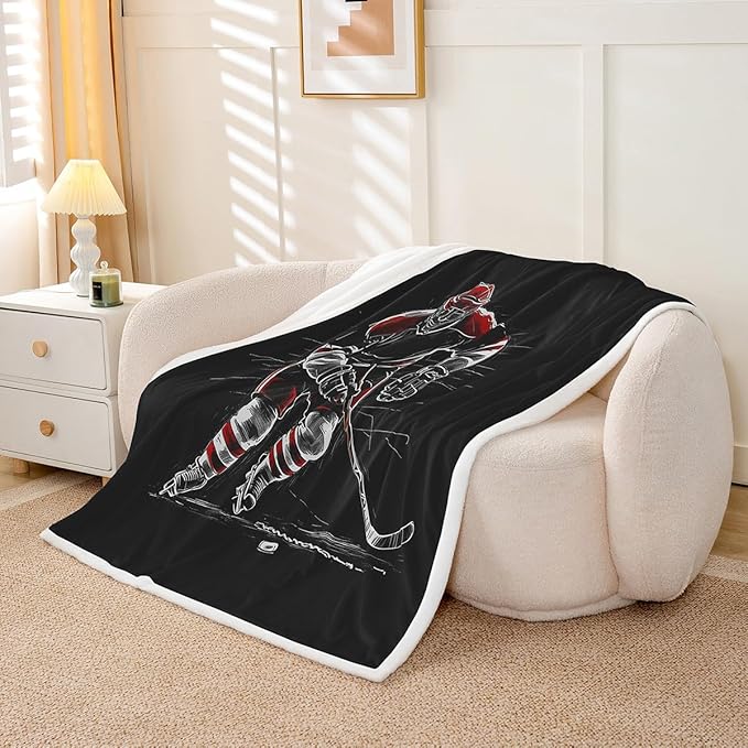 Erosebridal Kids Ice Hockey Plush Bed Blanket Gifts for Boys Teens Man Throw 50"x60" Sports Games Throw Blanket,Hockey Player Fleece Flanket Sketch Hand Drawn Warm Sherpa Blanket Black for Couch