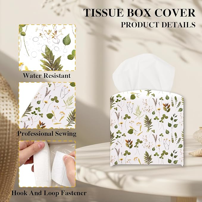 Leaves Tissue Box Cover, Green Tissue Holder Square with Bottom Belt for Home Bathroom Office Vanity Countertop, Housewarming Gifts Ideas for Women Friends Mom Bestie -03