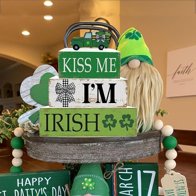 4 Pcs Valentine's Day Decorations Reversible St. Patrick's Day Table Sign Centerpiece Wooden Truck Desk Decor Double Side Irish Tiered Tray Decor for Table Shelf Mantel Farmhouse Home Decor
