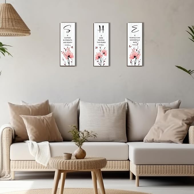 DONFENTHY 3 Pieces Inspirational Pink Floral Wall Decor Wooden Hanging Wall Art Christian Quotes SHE Word Sign Gift for Girl Teen Women Bedroom Bathroom Living Room Nursery Office (Pink 12x4 Inch)