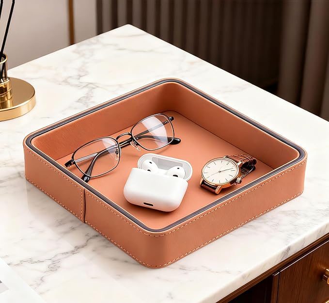 YIGUYI Faux Leather Vanity Tray, Elegant Desktop Storage Organizer，A perfume tray specifically designed for women，Nightstand or Dresser(orange)