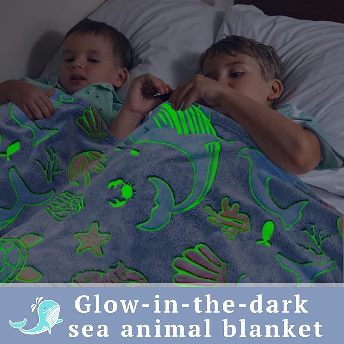 Glow in The Dark Ocean Blanket, Luminous Sea Theme Throw Blanket, Glowing Ocean Pattern Fleece Throw, Soft Cozy Lightweight Plush Blanket for Kids Teens Adults, Easter Gifts Bedroom Couch Decor Gifts