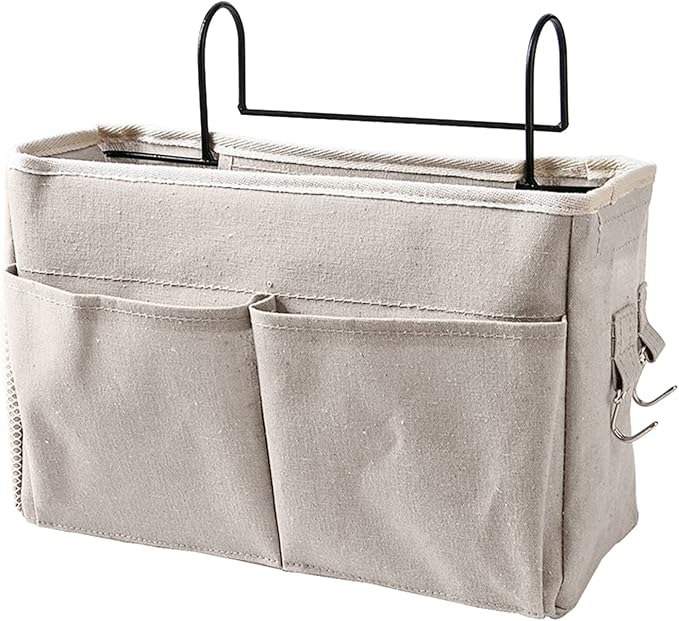 flexman Nightstand Hanging Bag, Hook Design Bedside Storage Pocket Organizer Basket with Metal Bracket and Wear Resistant Fabric for Kitchen Wardrobe Doors, Hanging Rods(White)