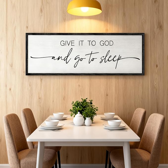 Give It to God and Go to Sleep Decorative Rustic Sign & Plaque Framed Wall Art for Couples, 40''×15'' Cottagecore Wooden Horizontal Wall Decor Above Bed, Vintage Farmhouse Wedding Gift for Bedroom