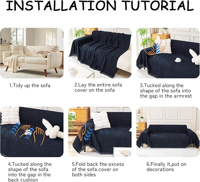 HANDONTIME Navy Blue Sofa Cover with Non-Knot Tassels, Soft & Durable Couch Slipcover for 3 Cushion Sofa, Couch Cover for Dogs Washable Pet-Friendly Sofa Protector,Chenille Sofa Covers, 71"x134"