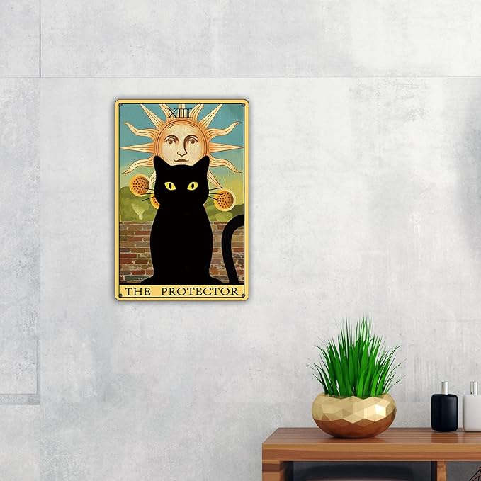 QIONGQI The Protector Tarot Cat Metal Tin Sign Wall Decor Farmhouse Rustic Black Cat Tarot Signs for Cat Lovers Home Decor Gifts