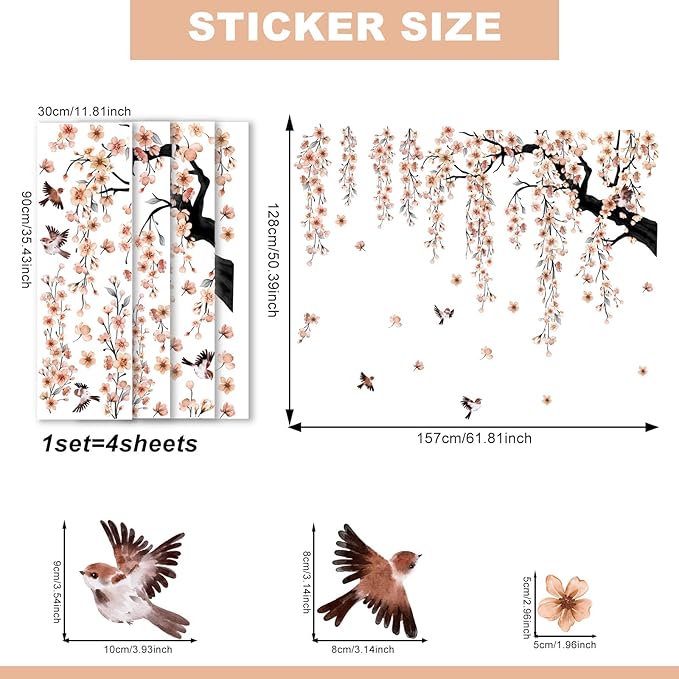 Large Cherry Blossom Tree Wall Stickers,4 Sheets Spring Light Pink Flower Bird Wall Decals Peel and Stick Waterproof Wall Murals Decor for Living Room Bedroom (Light Pink, 11.8*35.4inch)