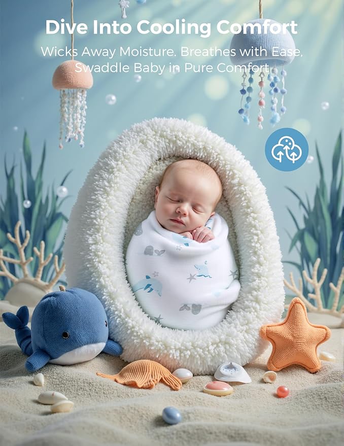 Momcozy Muslin Swaddle Blankets, 4-Pack Breathable and Skin-Friendly Receiving Blankets, Best Wishes Swaddle Blanket Shower Gifts & Baby Registry Essentials, Large 47"x47", Ocean Pixie Dream