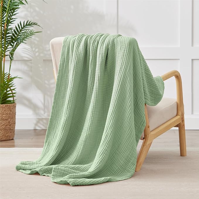 100% Cotton Muslin Blanket Large 50" x 70", 6 Layers Breathable and Lightweight Cotton Throw Blanket for Bed and Couch, Soft Quilt Bedspread, Gauze Blanket for Adults All Season, Sage Green