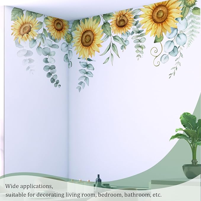 Sunflowers Floral Wall Decals Peel and Stick, Large Floral Flowers Wall Stickers, Removable Vine Home Decor Art for Bedroom Living Room Classroom Office