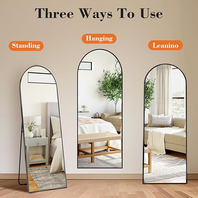 OLIXIS Arched Full Length Mirror 59"x16.3" for Bedroom, Full Body Mirror with Stand, Hanging or Leaning for Wall, Aluminum Alloy Thin Frame Floor Standing for Living Room, Long, Black