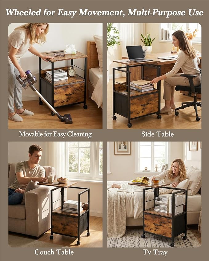 Swivel Lift Top Nightstand, 2-Tier 360° Adjustable Bedside Table, Rolling Night Stand with Wheels, Small End Table with Fabric Drawer, for Bedroom, Living Room, Rustic Brown