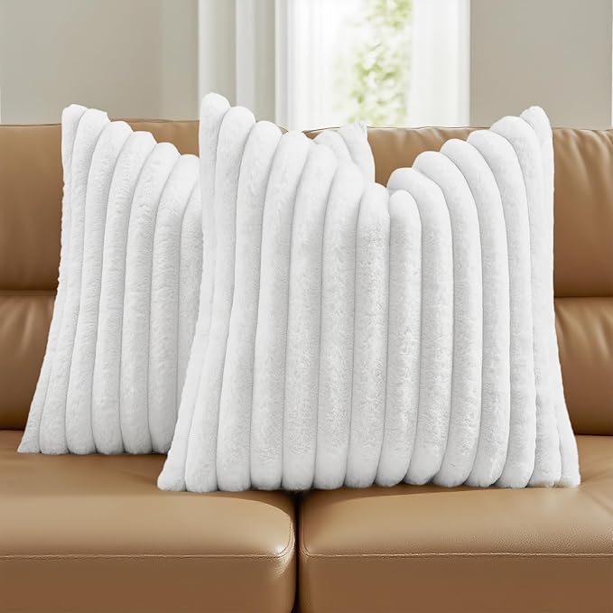 FUTEI White Decorative Throw Pillow Covers Set of 2, 26x26 Inch Soft Fluffy Faux Fur Plush Striped Euro Pillow Shams, Modern Home Decor for Couch Bed Living Room