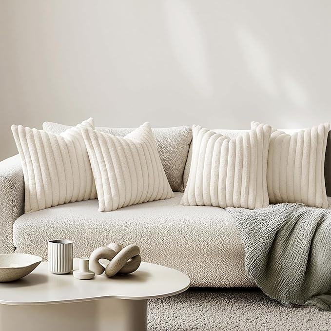 MIULEE Faux Fur Plush Decorative Throw Pillow Covers 18x18 Set of 4, Spring Modern Soft Fuzzy Striped Cushion Covers for Sofa Couch Bed Living Room Cozy Home Decor,Cream White