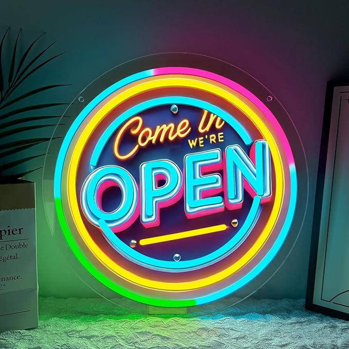 Neon Open Sign for Business, 13 * 13'' Colorful Adjustable Brightness Come in We’re Open Sign for Business Walls Window Party Bar Salon Shop Hotel