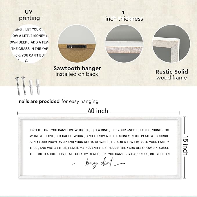 YWJKWLGS You Can't Buy Happiness But You Can Buy Dirt - 40x15 Inch Large Buy Dirt Sign, Rustic Wooden Farmhouse Wall Decor for Living Room, Kitchen, Country Home & Gardening Lovers (White)